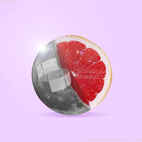 Image of Modern design, contemporary art collage. Inspiration, idea, trendy urban magazine style. Big moon filled with grapefruit slice on pastel background