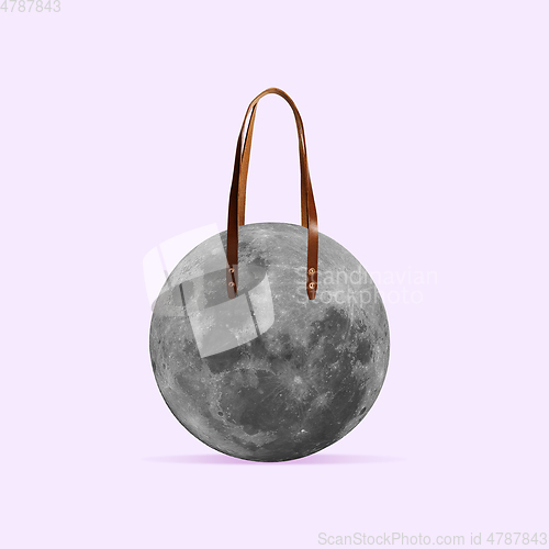 Image of Modern design, contemporary art collage. Inspiration, idea, trendy urban magazine style. Big moon like bag, shopper on pastel background