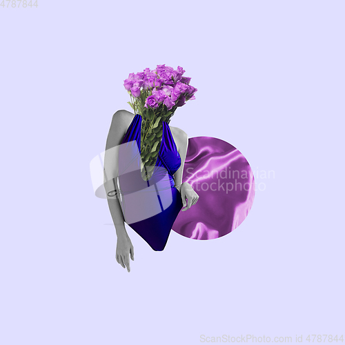 Image of Modern design, contemporary art collage. Inspiration, idea, trendy urban magazine style. Female body filled with flowers on pastel background.