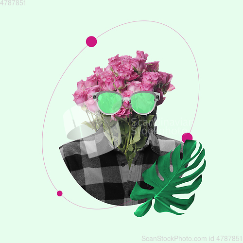 Image of Modern design, contemporary art collage. Inspiration, idea, trendy urban magazine style. Flower bouquet like man, hipster on pastel background