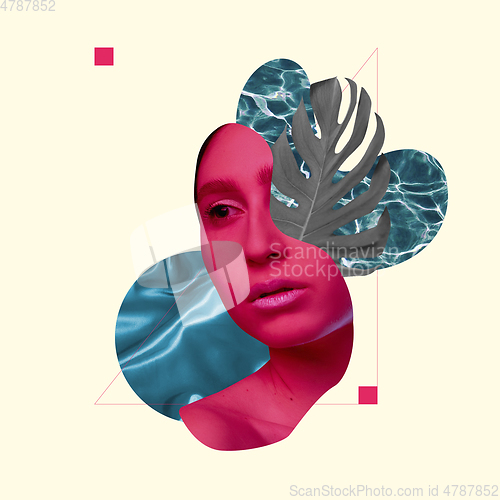 Image of Modern design, contemporary art collage. Inspiration, idea, trendy urban magazine style. Beautiful female portrait with fluid on pastel background