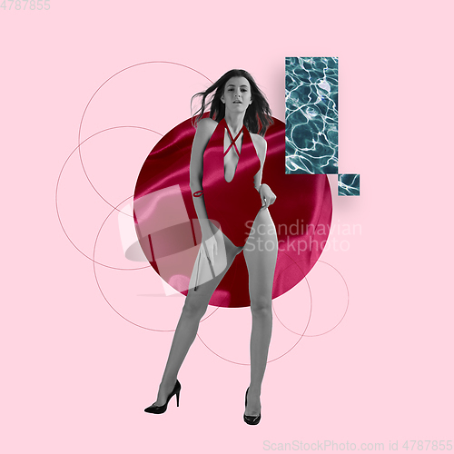 Image of Modern design, contemporary art collage. Inspiration, idea, trendy urban magazine style. Woman in waved bardo bodysuit on pastel background