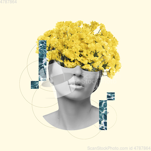 Image of Modern design, contemporary art collage. Inspiration, idea, trendy urban magazine style. Female beauty portrait with flowers on pastel background