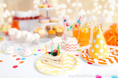 Image of piece of cake on plate at birthday party