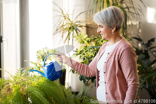 Image of senior woman watering houseplants at home