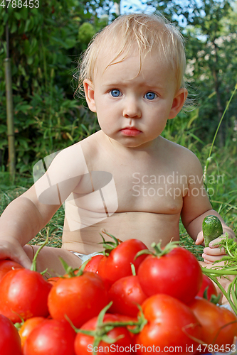 Image of baby eats ripe tomatoes