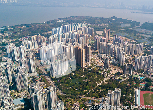 Image of Aerial view of cityscape in Hong Kong