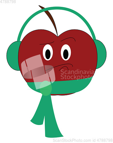 Image of A ripe red apple wearing earphones looks cute vector or color il