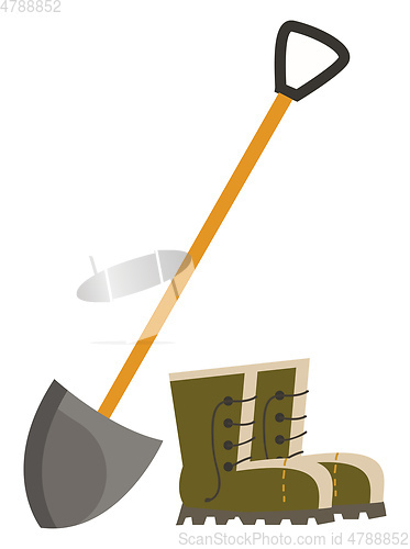 Image of Spade and boots garden tools color vector on white background