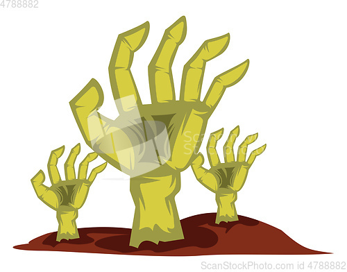 Image of Three yellow hands rising from the ground halloween vector illus