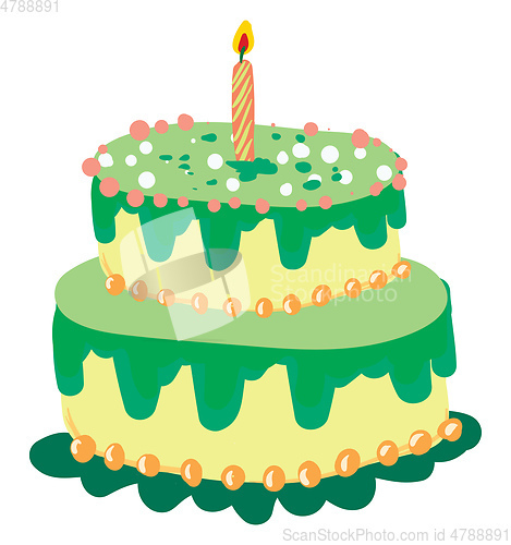 Image of A two layered-cake with yellow and green decoration and one glow
