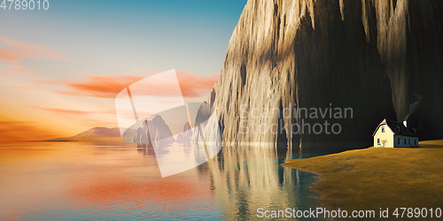 Image of quiet place with red clouds in the dawn sky