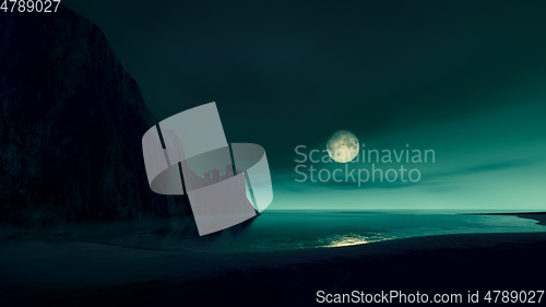 Image of full moon at the ocean with lost castle by night