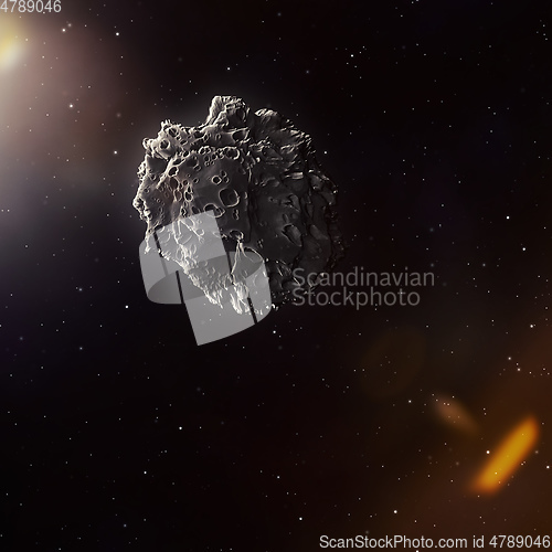 Image of meteorite in the deep space with sun flare