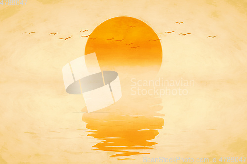 Image of beautiful golden sunset with birds digital painting