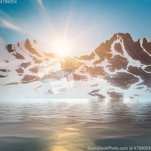 Image of winter mountain lake sunset scenery