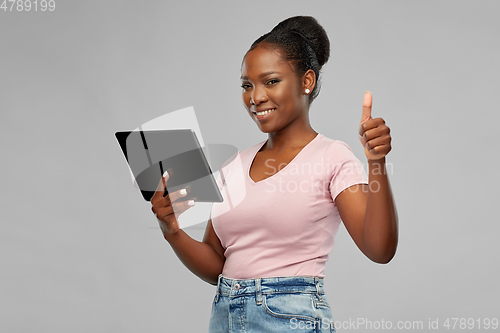 Image of happy african american woman showing thumbs up