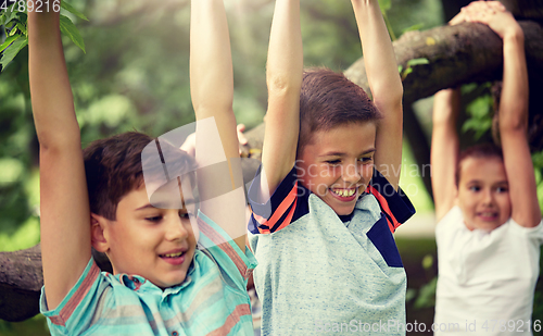 Image of close up of kids hanging on tree in summer park