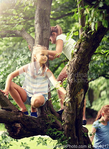 Image of happy kids climbing up tree in summer park