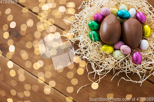 Image of chocolate eggs and candies in straw nest