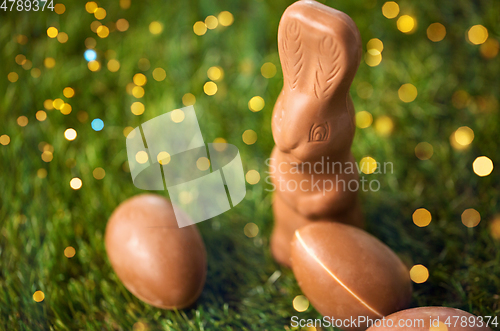 Image of close up of chocolate bunny and easter eggs