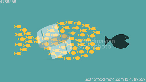 Image of group of small fishes hunting a big fish