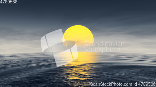 Image of great sunset over the ocean with curved horizon