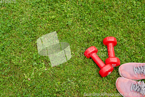 Image of Ladie's dumbbles and sneakers on the green grass background