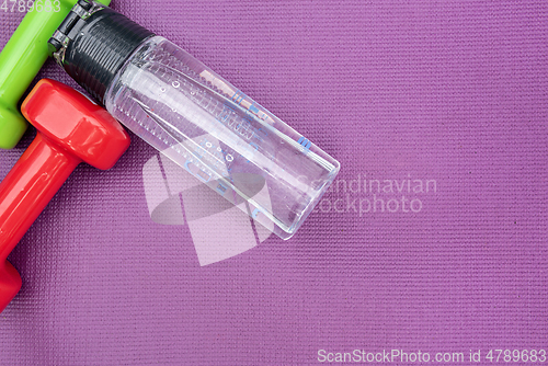 Image of Ladie's dumbbles and water bottle over purple fitness mat, top view.
