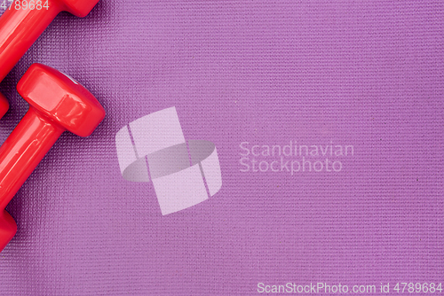 Image of Ladie's dumbbles over purple fitness mat, top view.