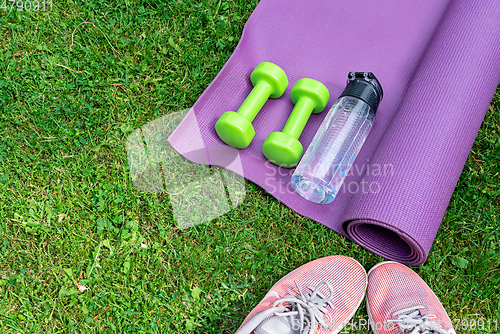 Image of Ladie's dumbbells, fitness mat and sneakers on the green grass background