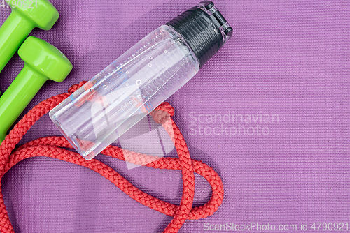 Image of Ladie's dumbbells, water bottle and skipping rope over purple fitness mat, top view.