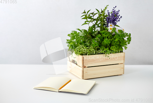 Image of notebook with herbs and flowers in wooden box