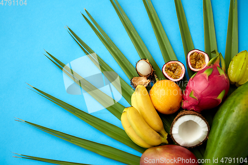 Image of different exotic fruits on blue background