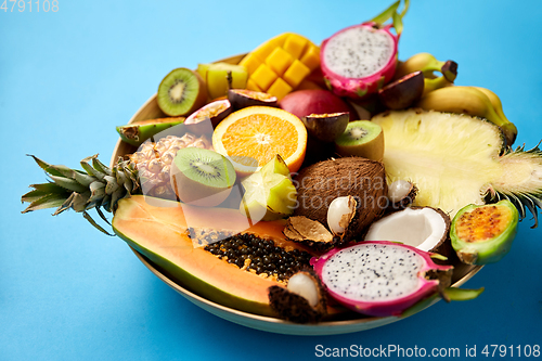 Image of plate of exotic fruits on blue background