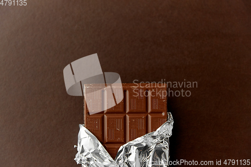 Image of chocolate bar in foil wrapper on brown background