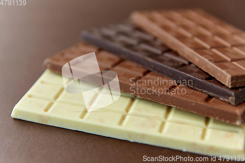 Image of different kinds of chocolate on brown background