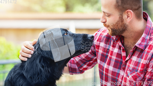 Image of bearded man with labrador retriever friendship