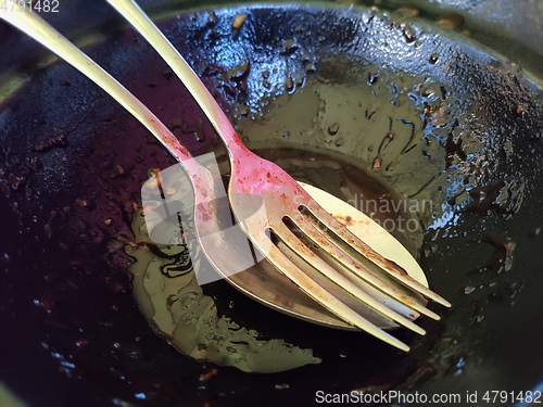 Image of dirty cutlery in a black bowl