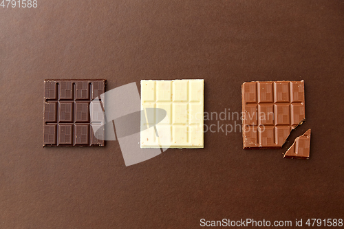 Image of different kinds of chocolate on brown background