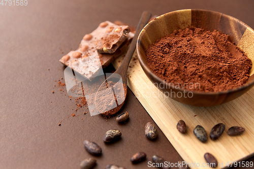 Image of chocolate with hazelnuts, cocoa beans and powder