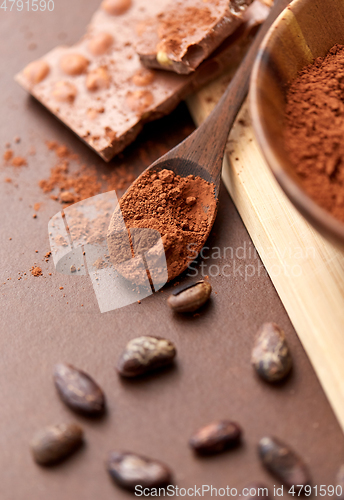 Image of chocolate with hazelnuts, cocoa beans and powder