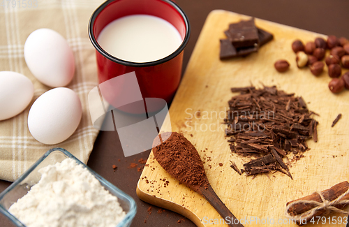 Image of chocolate, cocoa powder, milk, eggs and flour