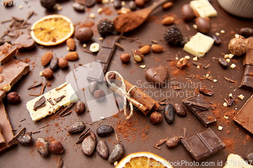 Image of cocoa beans, chocolate, nuts and cinnamon sticks