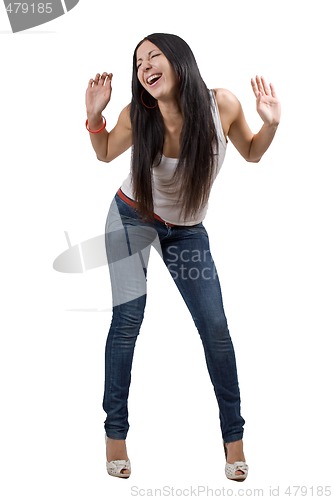 Image of The happy beautiful young woman in jeans. Isolated