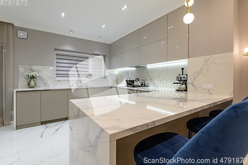 Image of Luxury white modern marble kitchen in studio space