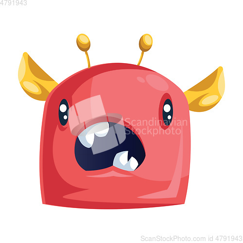 Image of Cartoon of red monster with yellow ears with mouth open out of s