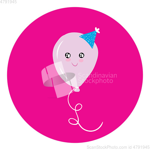 Image of A cartoon balloon with party hat has smiling eyes and a broad cl