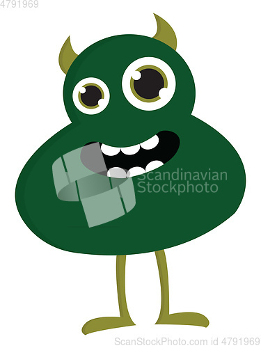Image of Smiling green monster with horns vector illustration on white ba