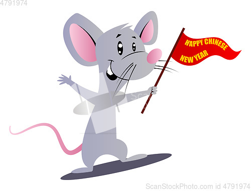 Image of Cartoon mouse holding flag vector illustartion on white backgrou